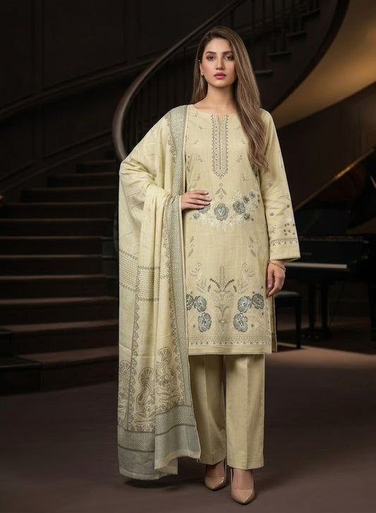 Sage Whisper: 3-Piece Embroidered Cross Slub Lawn Suit