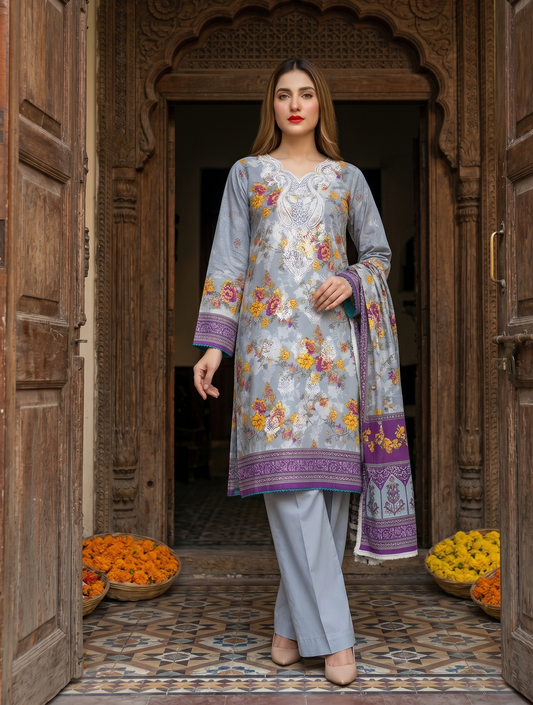 Slate Grey Floral Elegance: 3-Piece Embroidered Lawn Suit