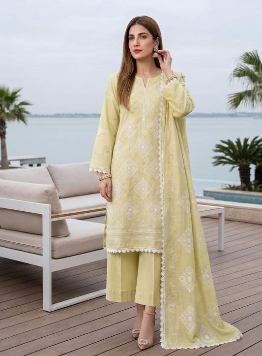 Pastel Yellow Embroidered Lawn 3-Piece Suit