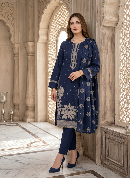 Midnight Navy – 3-Piece Luxury Suit with Elegant Embroidery