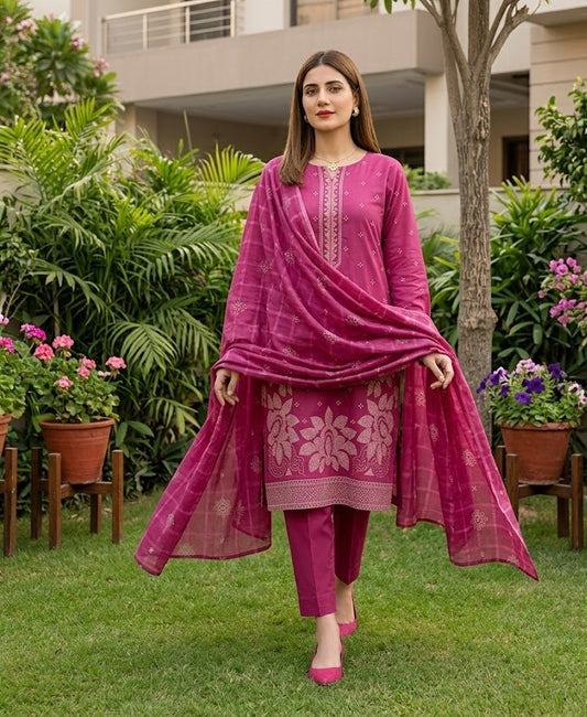 Magenta Bloom: 3-Piece Luxury Embroidered Suit
