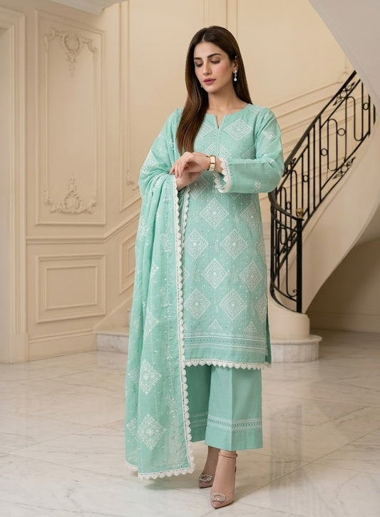 Mint Green Embroidered Lawn 3-Piece Suit