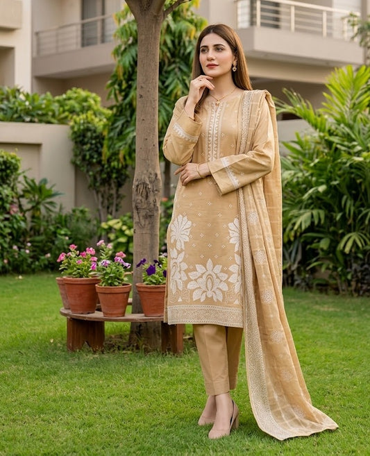 Sandstone Bloom – 3-Piece Luxury Embroidered Suit