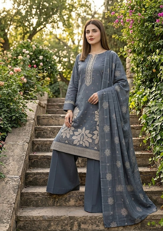Charcoal Chic – 3-Piece Luxury Suit with Graceful Embroidery