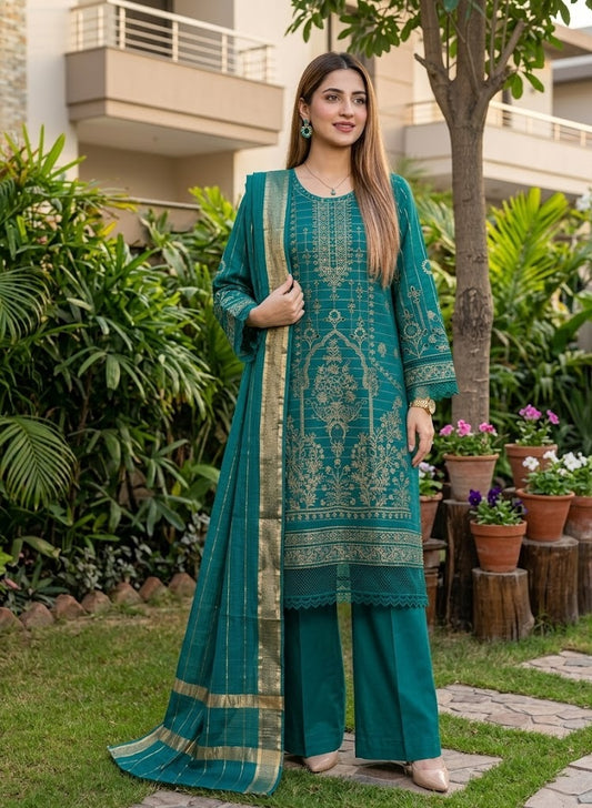 Emerald Enigma: 3-Piece Embroidered Suit