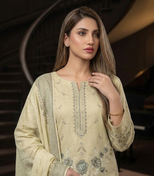 Sage Whisper: 3-Piece Embroidered Cross Slub Lawn Suit