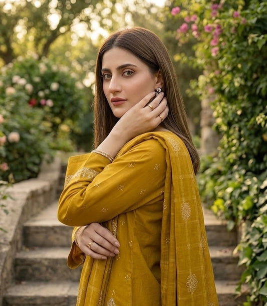 Mustard Majesty – 3-Piece Luxury Suit with Graceful Embroidery