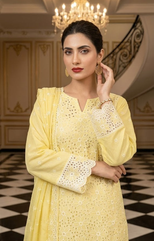 Lemon Yellow Chikankari 3-Piece Unstitched Lawn Suit