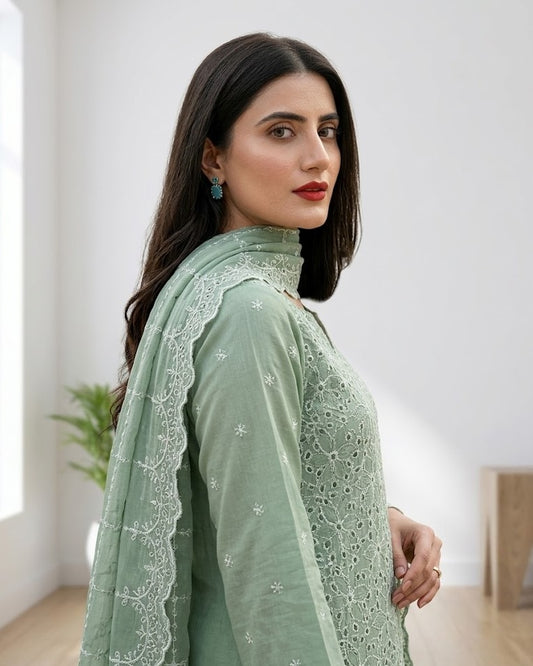 Sage Green Chikankari 3-Piece Unstitched Lawn Suit