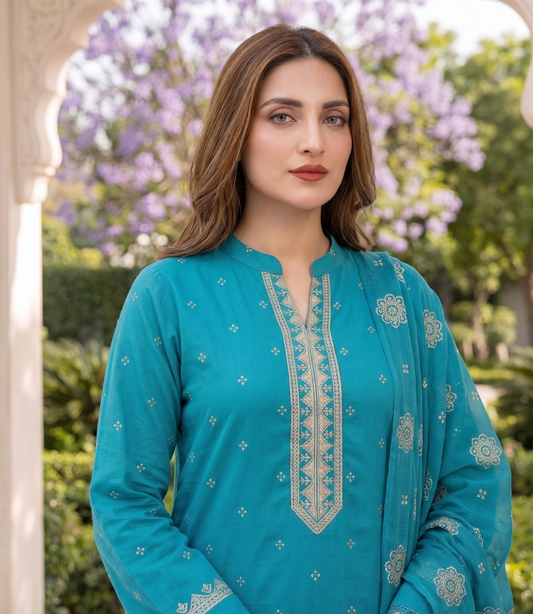 Ocean Teal – 3-Piece Luxury Embroidered Suit