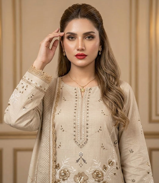 Mocha Muse: 3-Piece Embroidered Cross Slub Lawn Suit