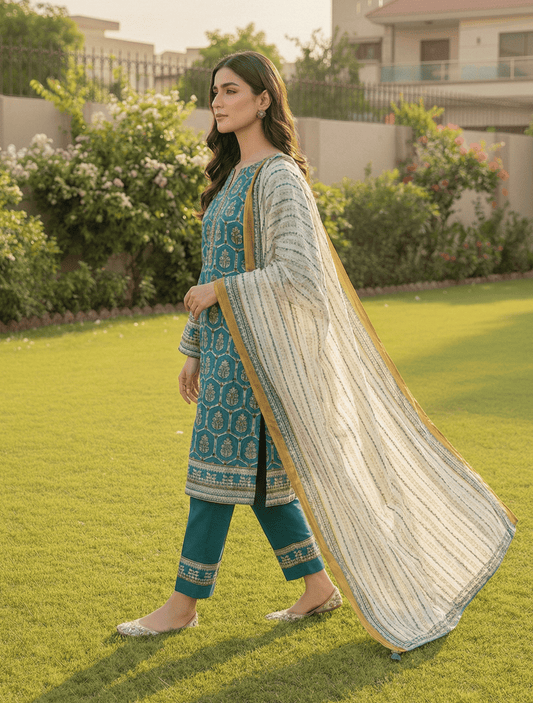 Azure Lattice – 3 Piece Unstitched Suit