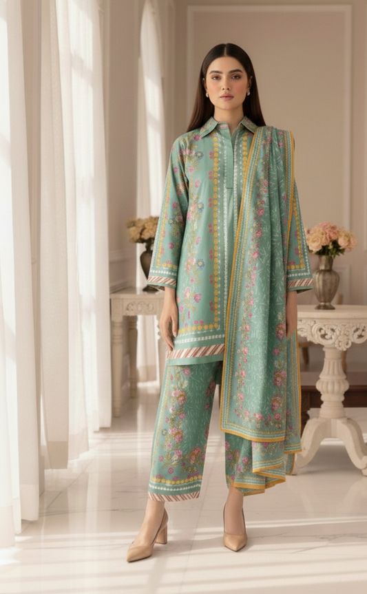 Pistachio Bloom – 3 Piece Unstitched Suit