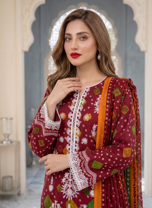 Crimson Red Chunri Elegance 3-Piece Suit with Embroidered Neckline