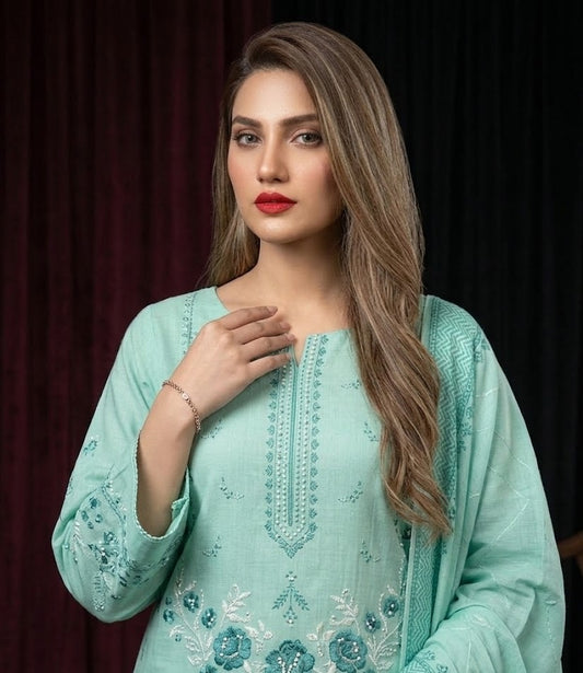 Mint Serenity: 3-Piece Embroidered Cross Slub Lawn Suit