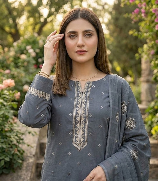 Charcoal Chic – 3-Piece Luxury Suit with Graceful Embroidery