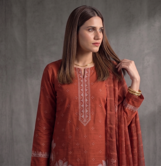 Rust Radiance 3-Piece Luxury Suit with Intricate White Embroidery
