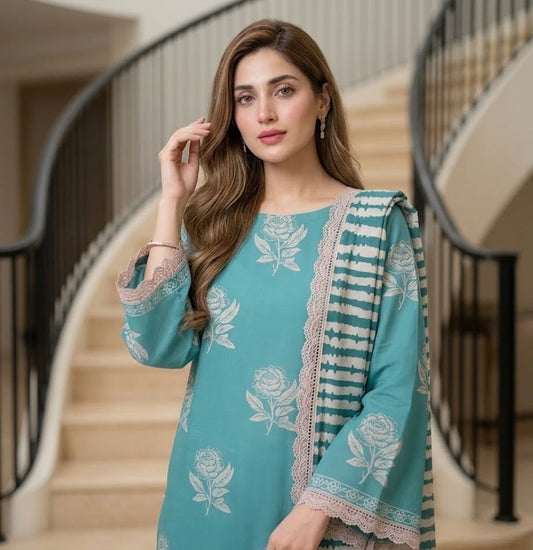 Teal Peony – 3 Piece Unstitched Suit