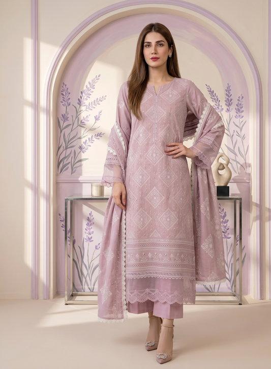 Dusty lavender Embroidered Lawn 3 Piece Suit
