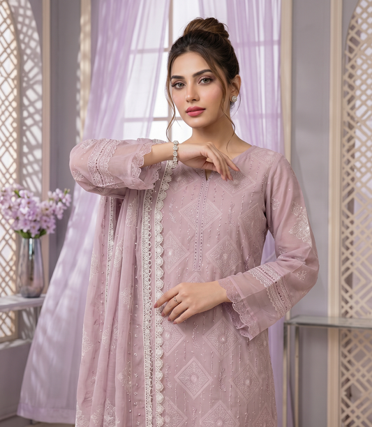 Dusty lavender Embroidered Lawn 3 Piece Suit