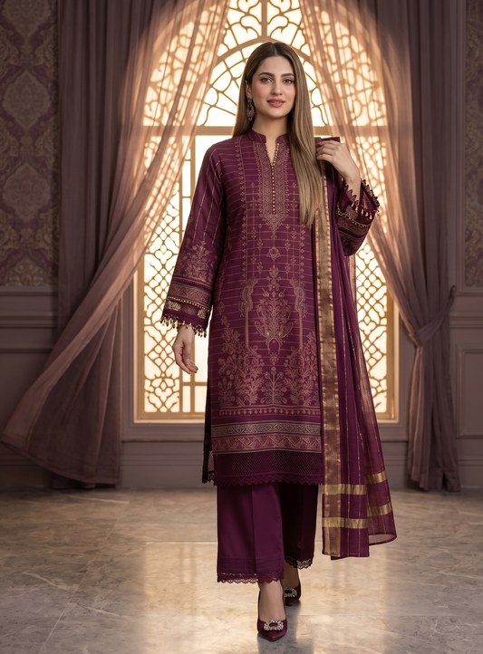 Royal Plum Doria: 3-Piece Embroidered Suit