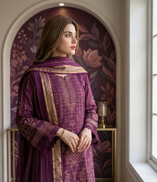 Royal Plum Doria: 3-Piece Embroidered Suit