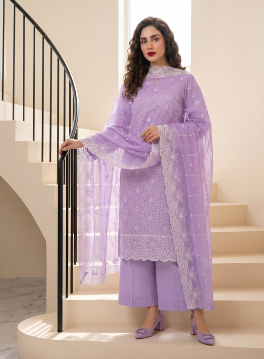 Lilac Lavender Chikankari 3-Piece Unstitched Lawn Suit