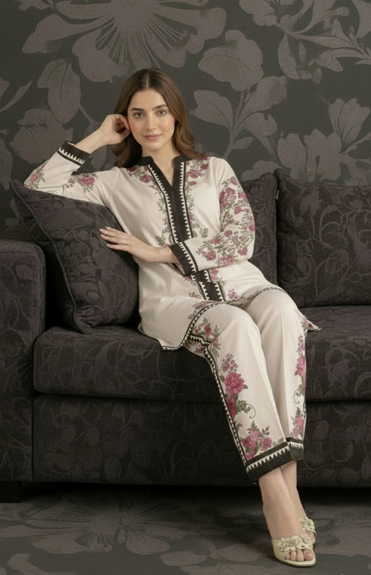 Monochrome Bloom – 3 Piece Unstitched Suit