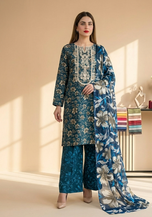 Midnight Teal Floral Elegance 3-Piece Suit with Heavy Embroidered Neckline