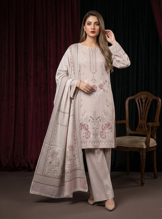 Taupe Blush: 3-Piece Embroidered Cross Slub Lawn Suit
