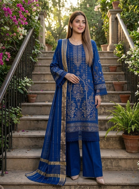 Cobalt Radiance: 3-Piece Embroidered Festive Suit