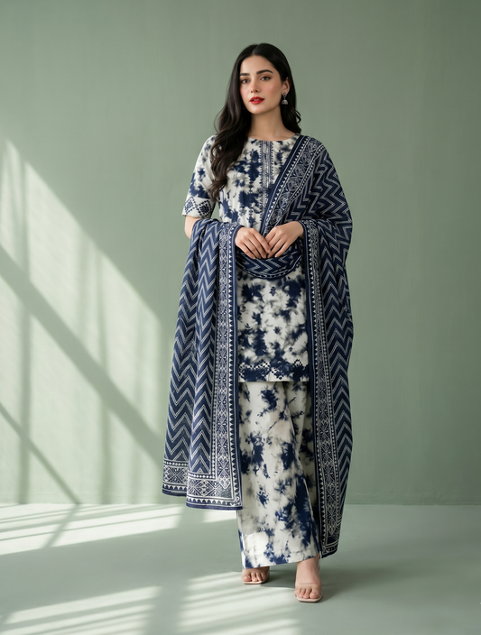 Indigo Shibori Elegance: 3-Piece Embroidered Suit