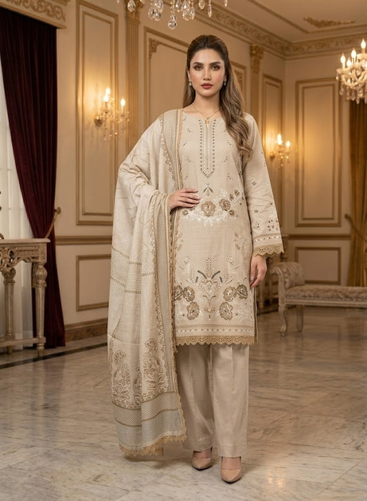 Mocha Muse: 3-Piece Embroidered Cross Slub Lawn Suit
