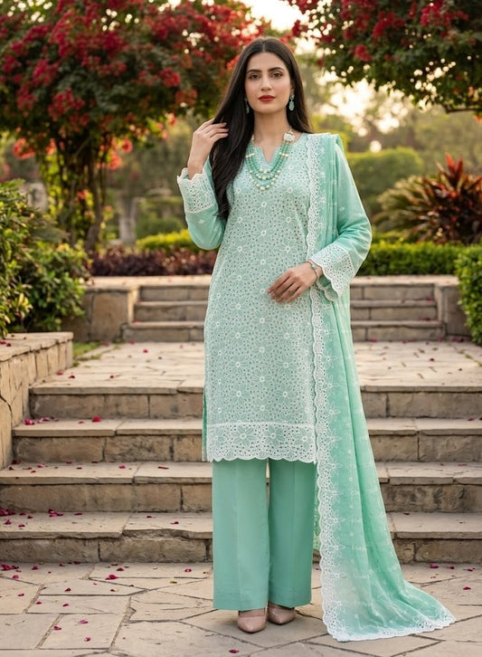 Mint Green Chikankari 3-Piece Unstitched Lawn Suit
