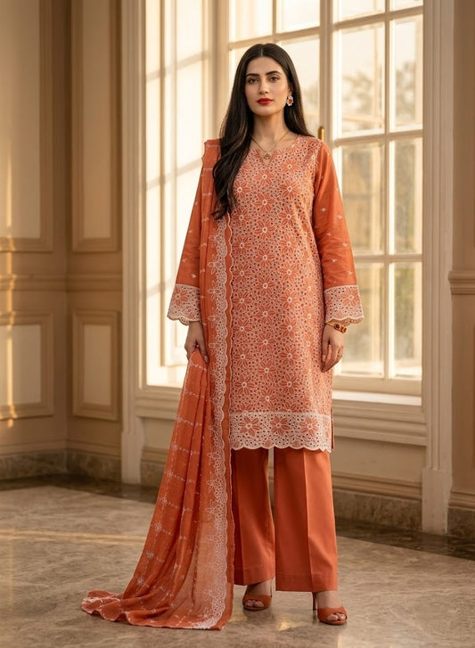 Terracotta Rust Chikankari 3-Piece Unstitched Lawn Suit