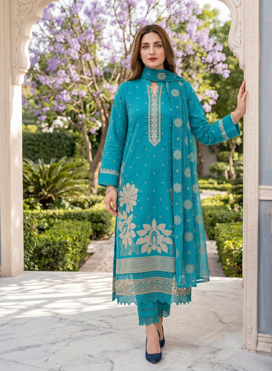 Ocean Teal – 3-Piece Luxury Embroidered Suit