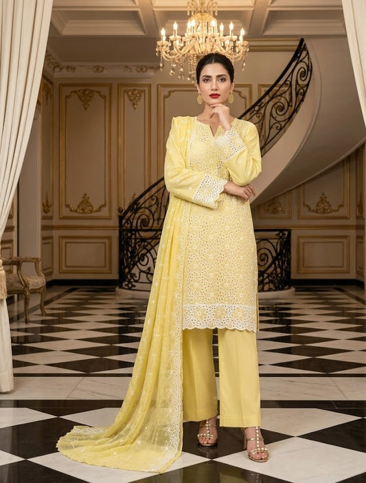 Lemon Yellow Chikankari 3-Piece Unstitched Lawn Suit