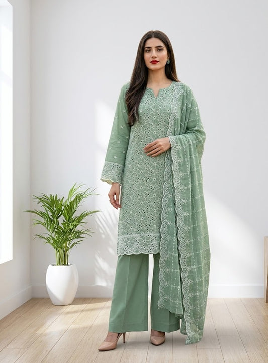 Sage Green Chikankari 3-Piece Unstitched Lawn Suit