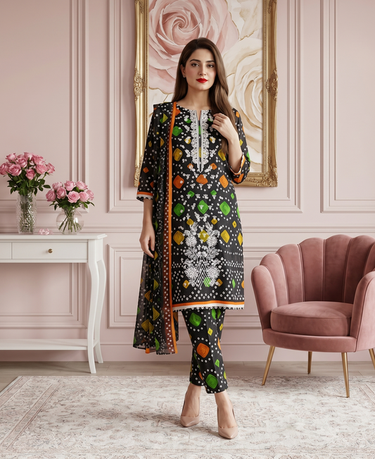 Midnight Chunri Elegance: 3-Piece Embroidered Suit
