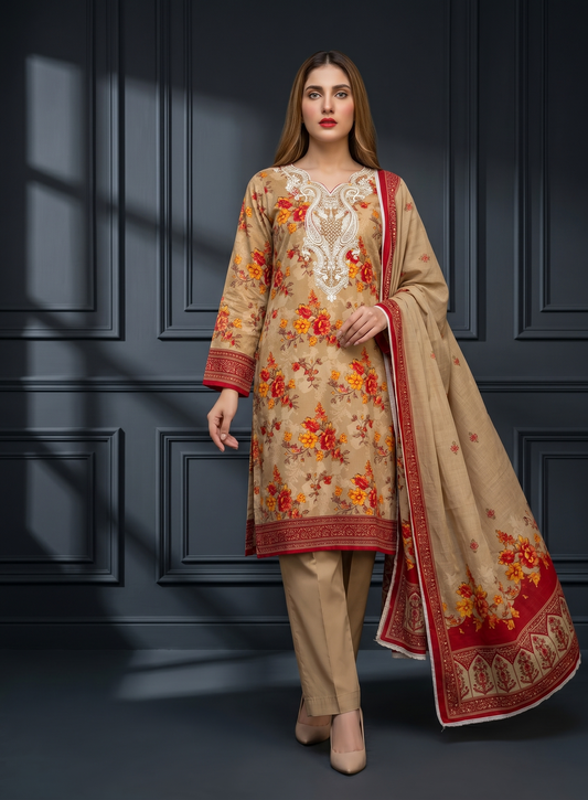 Amber Garden Elegance: 3-Piece Embroidered Lawn Suit