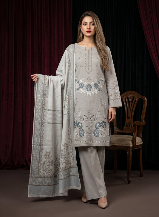 Ethereal Ivory Grace: 3-Piece Embroidered Cross Slub Lawn Suit