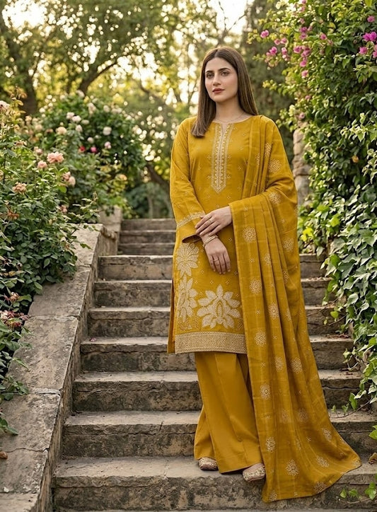 Mustard Majesty – 3-Piece Luxury Suit with Graceful Embroidery