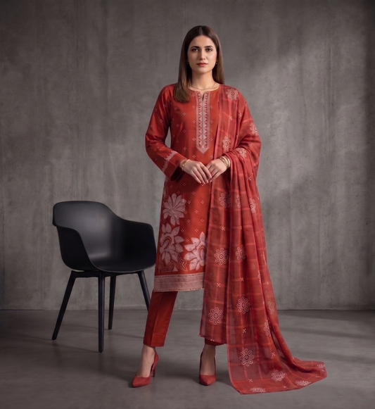 Rust Radiance 3-Piece Luxury Suit with Intricate White Embroidery