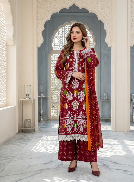Crimson Red Chunri Elegance 3-Piece Suit with Embroidered Neckline