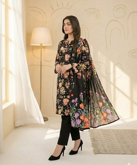 Floral Noir – 3 Piece Unstitched Suit