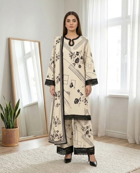 Cream Abstract – 3 Piece Unstitched Suit