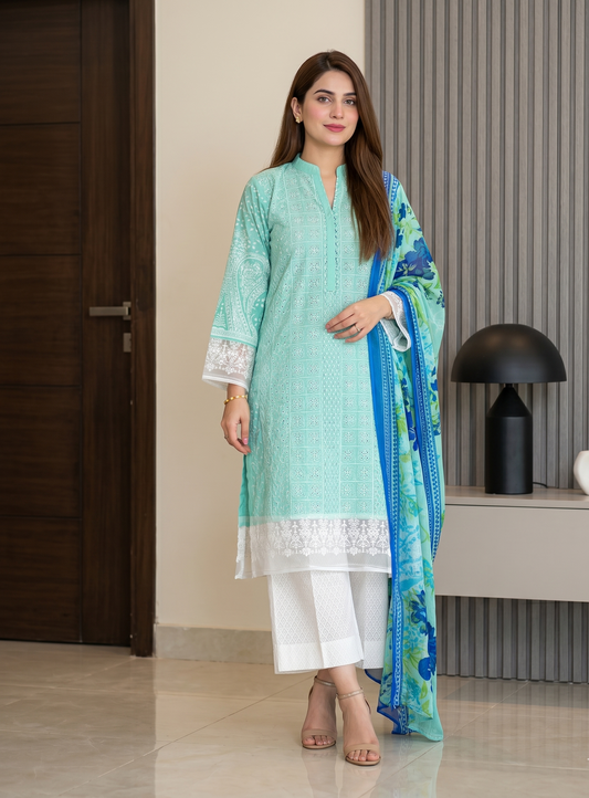 Elegant Aqua Embroidered Lawn 3 Piece Suit