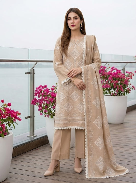 Warm Beige Embroidered Lawn 3-Piece Suit