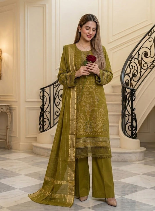 Olive Opulence: 3-Piece Embroidered Festive Suit