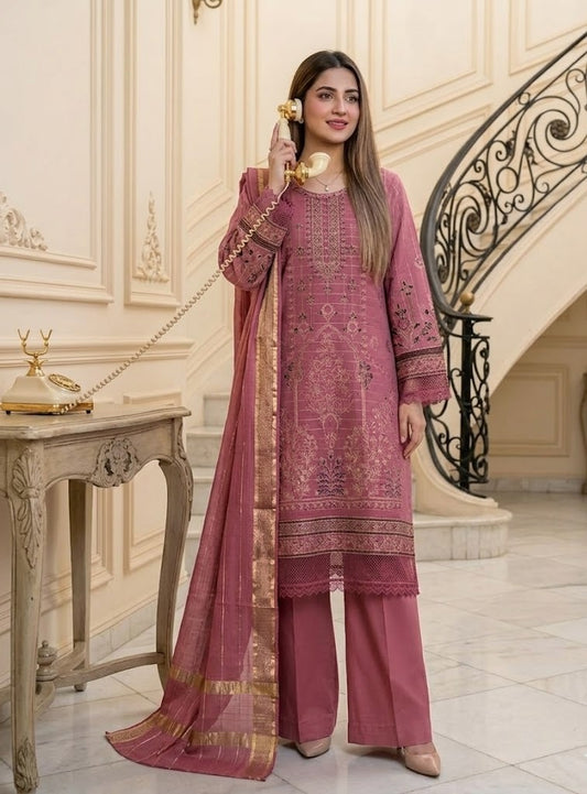 Dusty Rose Allure: 3-Piece Embroidered  Suit